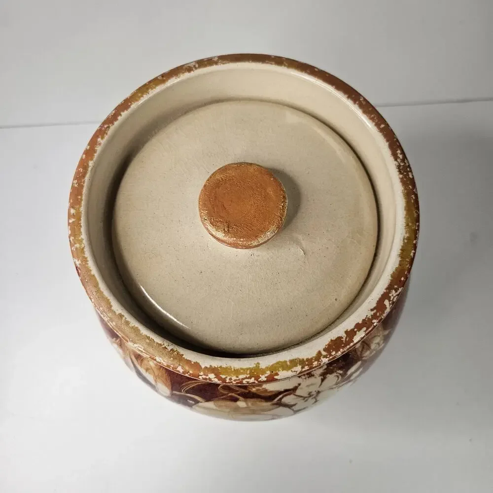 Vintage Glazed Pottery Abstract Fruit Print Cookie Jar Retro Kitchen Storage